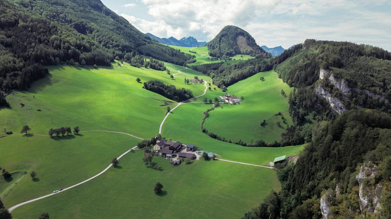 Das Bild zeigt eine malerische Landschaft im Trattenbachtal, das von sanften, grünen Hügeln und dichten Wäldern umgeben ist. Im Vordergrund erkennt man eine Ansammlung von Gebäuden, darunter ein Bauernhof, der mit einem Schwimmbad und umgeben von Bäumen und Wiesen ausgestattet ist. Die Wiesen sind üppig grün und scheinen sanft zu den Hügeln hin anzusteigen. 

Im Hintergrund erheben sich steile, bewaldete Berge, deren Gipfel teilweise von Wolken umschlungen sind. Einige Wegeläufchen schlängeln sich durch die Landschaft und verbinden die verschiedenen Gebäude miteinander. Das gesamte Setting ist von einer friedlichen, naturverbundenen Atmosphäre geprägt. 

Die Lichtverhältnisse sind hell und freundlich, was die Farben der Wiesen und Wälder lebendig erscheinen lässt. Es handelt sich hier um eine Region, die durch ihre natürliche Schönheit und kulturelle Vielfalt besticht.