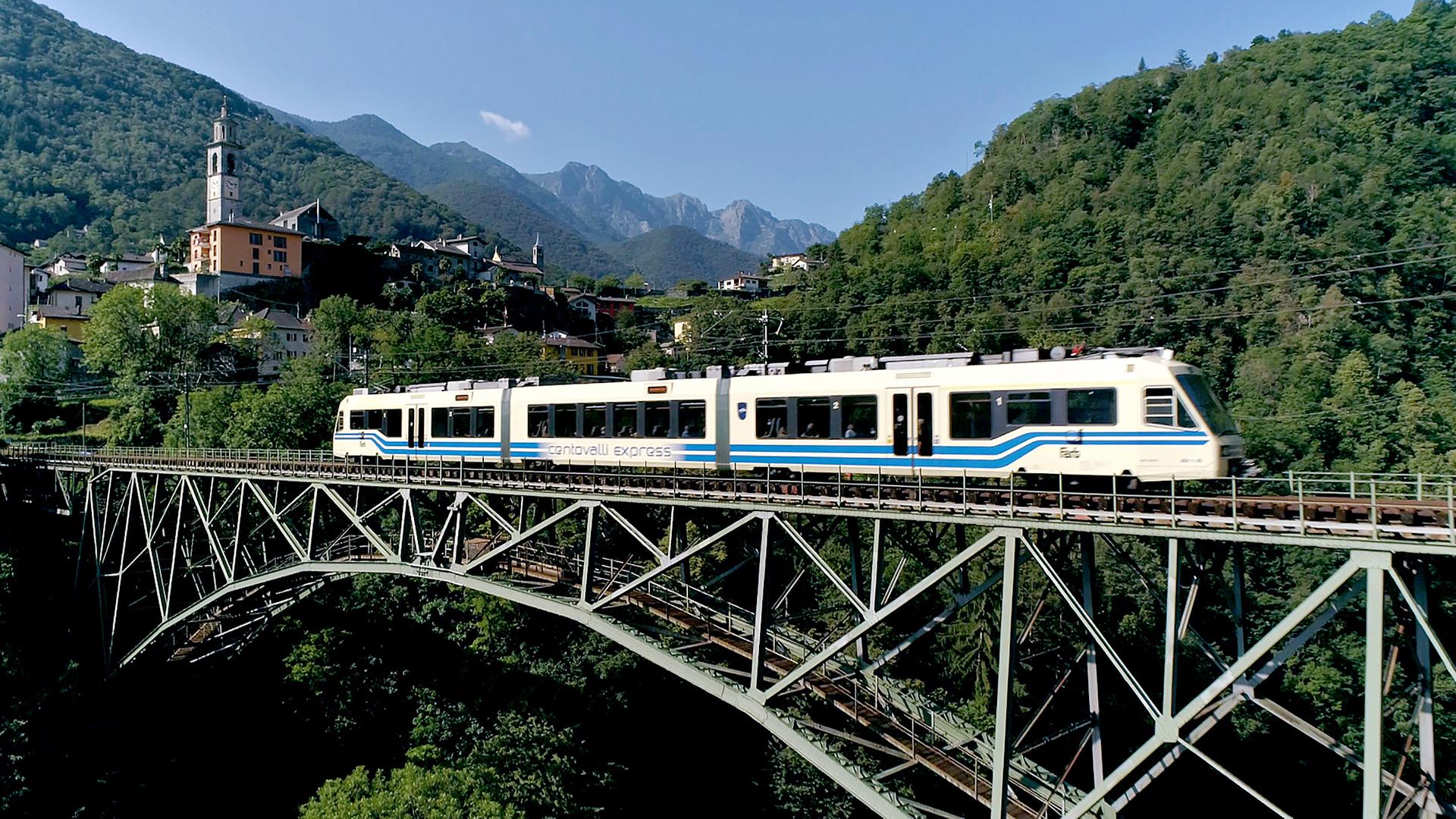 Zug auf einer Stahlbrücke, im Hintergrund Dorfkulisse