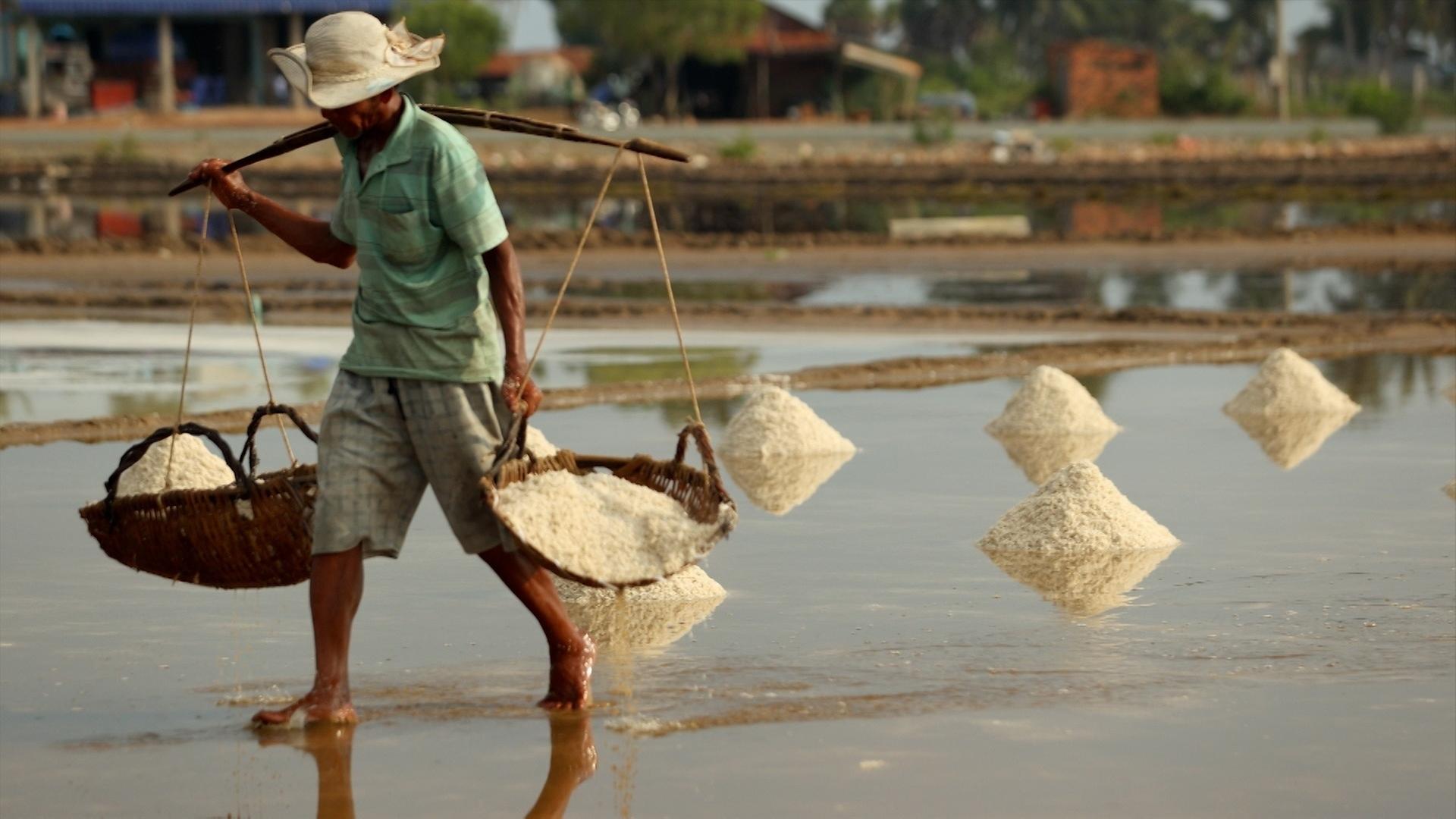 Ein Mann in grünem T-Shirt und knielanger Hose läuft barfuß. Über der Schulter trägt er einen Holzstab. An beiden Enden des Stabs hängt je ein Flechtkorb, der mit weißem Meersalz gefüllt ist. Im Hintergrund ist ein Salzgarten mit einigen kniehohen Haufen mit Salz.
