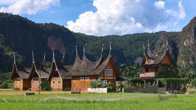 Traditionelle Minangkabau-Häuser mit geschwungenen, spitz zulaufenden Dächern stehen zwischen grünen Reisfeldern. Im Hintergrund erheben sich dicht bewachsene Berge und steile Felswände unter blauem Himmel.