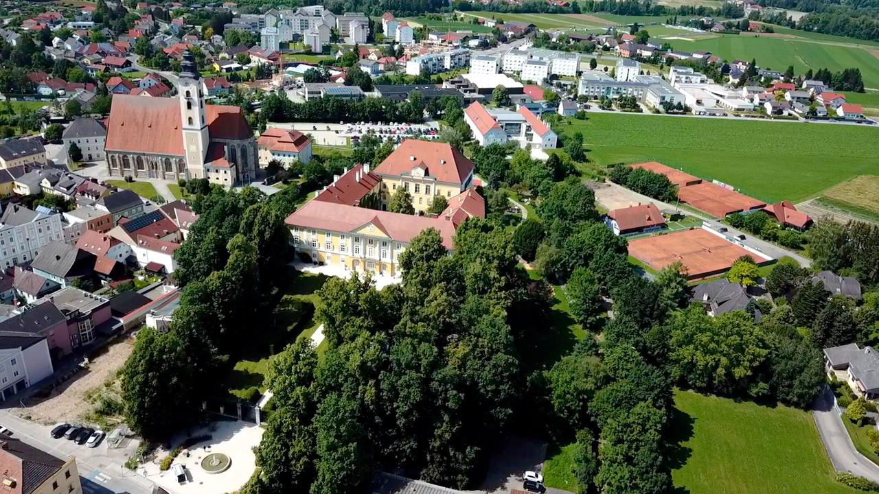 Luftblick auf Schloss samt Umgebung