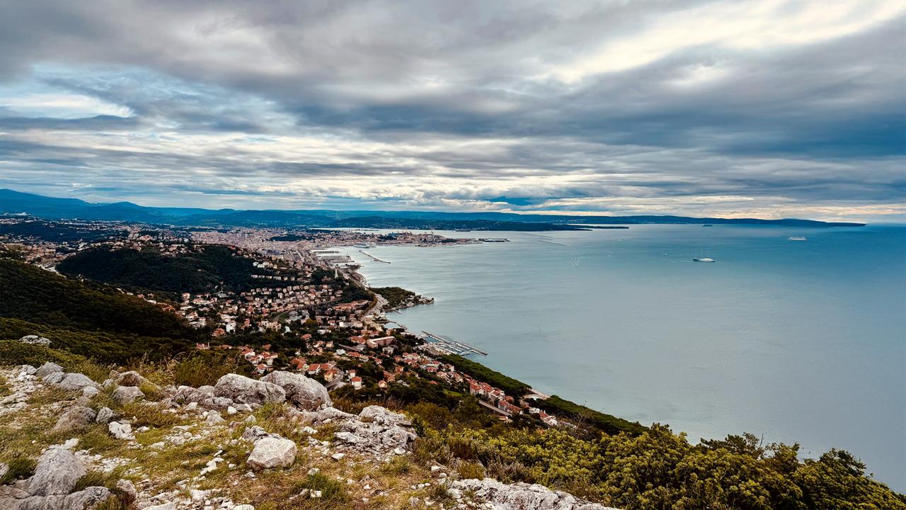 Panoramaaufnahme von Triest mit der Küste, dem Hafen und grünen Hügeln unter einem bewölkten Himmel.