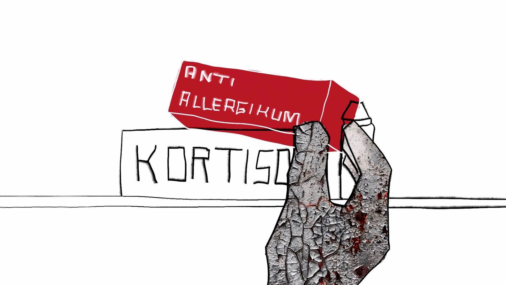Zeichnung einer Hand, die nach einer Medikamentenpackung mit der Aufschrift "Anti-Allergikum" greift.