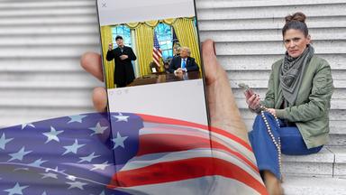 Katty Salié mit Handy, darauf ein Foto von Trump und Musk