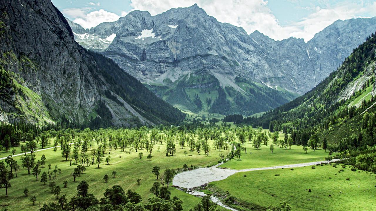 Große Grünfläche in den Alpen