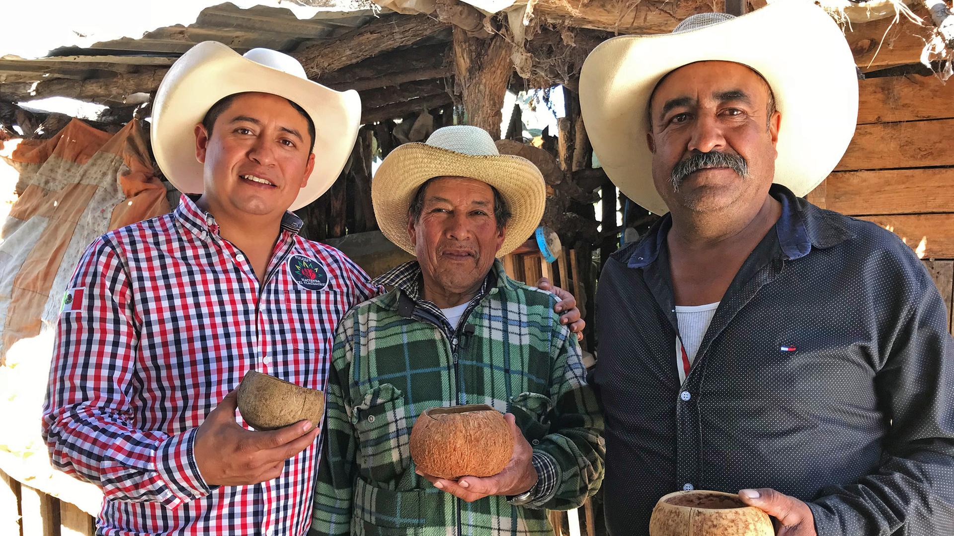 Drei Männer mit einer Schale in der Hand. Alle haben eine Leidenschaft für das Aztekenbier – Pulqueros.