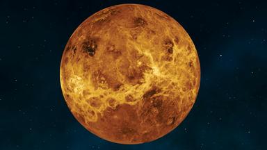 Die helle rötliche Venus vor dem schwarzen Nachthimmel