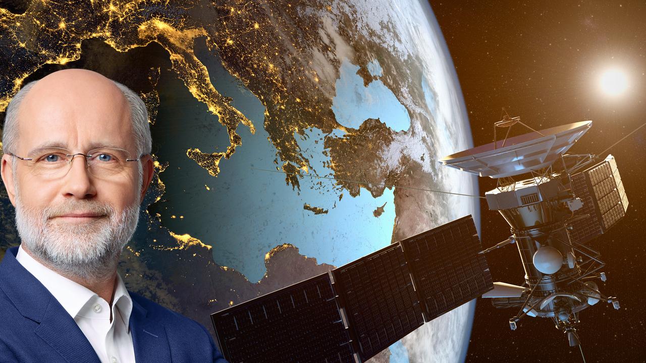Harald Lesch vor GPS-Satellit.