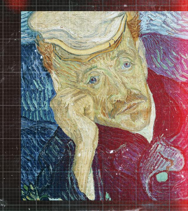 Impressionistisches Gemälde, darauf ein Mann mit Baskenmütze, eingebaut in eine moderne Grafik mit einem roten-Scanner-Streifen und dünnen weißen, quadratischen Linien.
