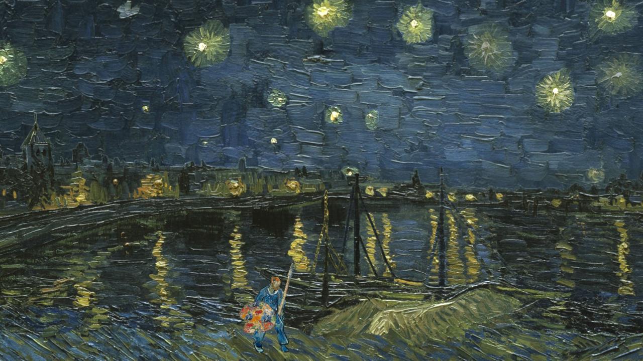 Im Computerspiel "A Starry Knight" läuft der Spieler als der Maler Van Gogh mit Farbpalette durch ein gemaltes Bild, das einen Fluss unter einem Sternenhimmel zeigt.