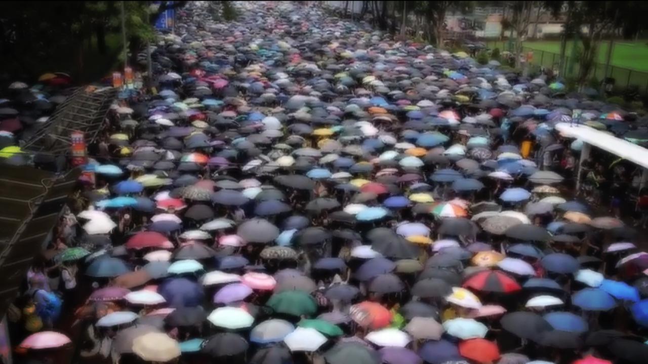Totale, von erhobener Position aus aufgenommen, von einer breiten Straße, die mit einer großen Menge von Demonstranten gefüllt ist. Sie halten alle Regenschirme hoch, so dass man ein Meer von bunten Punkten sieht. Das Bild ist leicht unscharf.