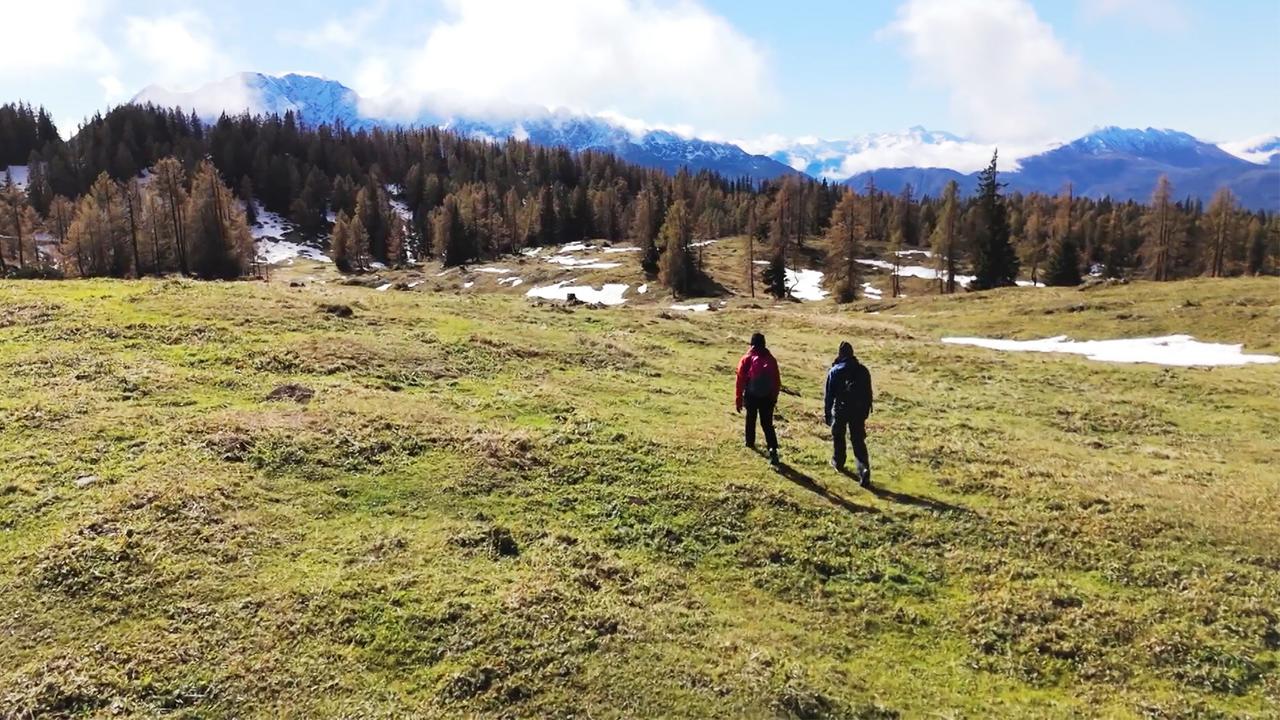 Das Bild zeigt zwei Personen, die auf einer weitläufigen, grünen Wiese wandern. Die Wiese ist teilweise mit schneebedeckten Stellen durchzogen, und im Hintergrund sind bewaldete Hügel sowie schneebedeckte Berge sichtbar. Der Himmel ist klar mit einigen Wolken, die über die Bergspitzen ziehen. Die wandernden Personen sind in wetterfester Kleidung gekleidet, wobei die eine Person eine rote Jacke und die andere eine dunkelblaue Jacke trägt. Die Szene vermittelt das Gefühl von Natur und Freiheit in einer gebirgigen Landschaft, die charakteristisch für Österreich ist.
