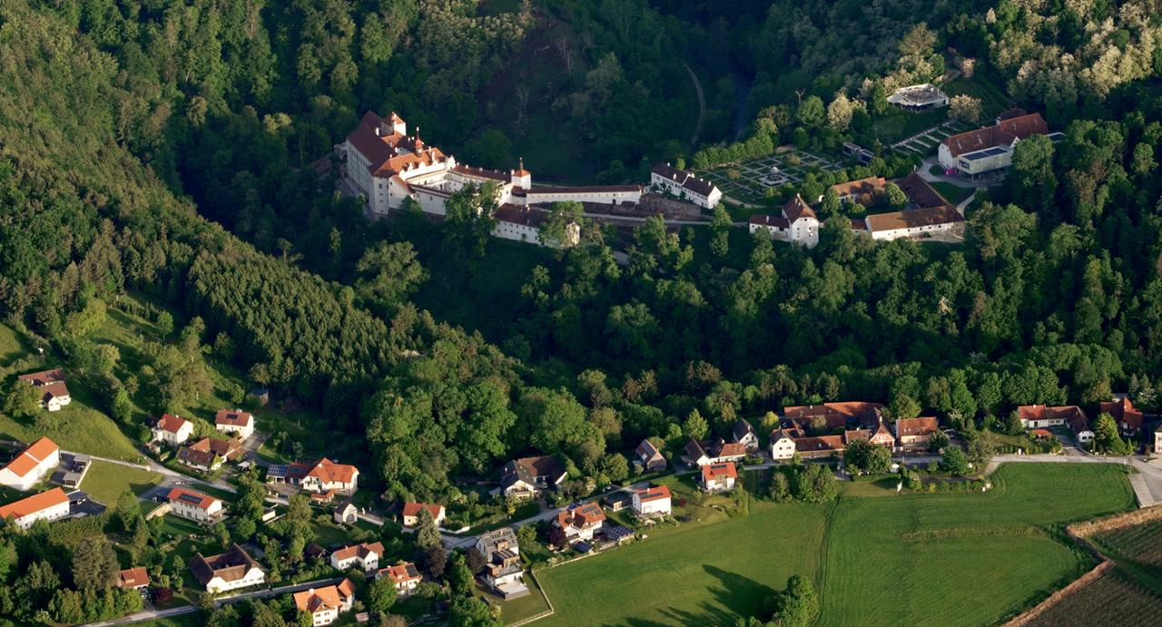 Eine Schlossanlage und ein Ort an einer Straße gelegen von oben