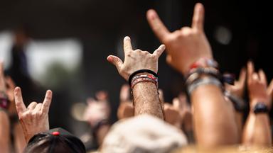 Fans beim Wacken Open Air recken die Hände mit gestrecktem Zeigefinger und kleinem Finger hoch zum Metal-Gruß.