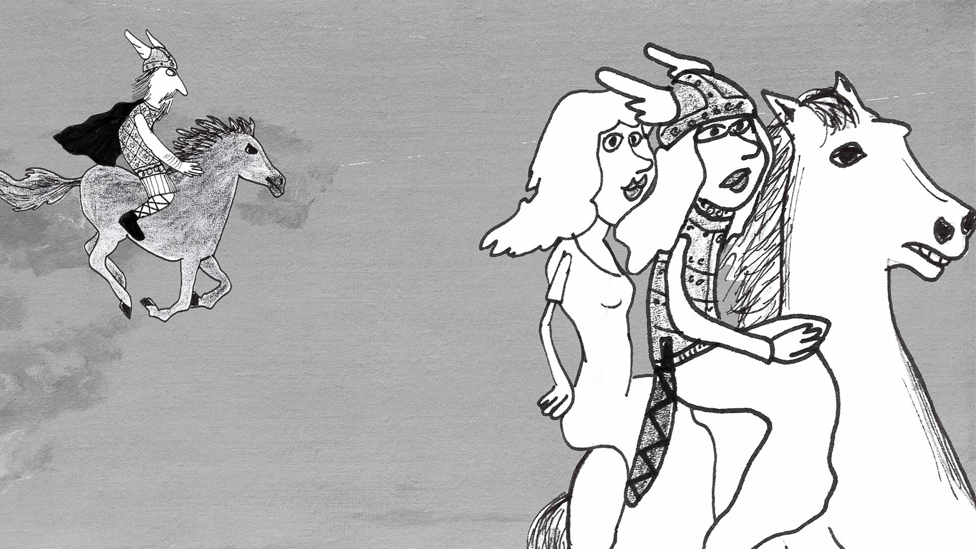 Zeichnung zweier Frauen auf einem Pferd. Im Hintergrund ein weiterer Mensch auf einem Pferd.