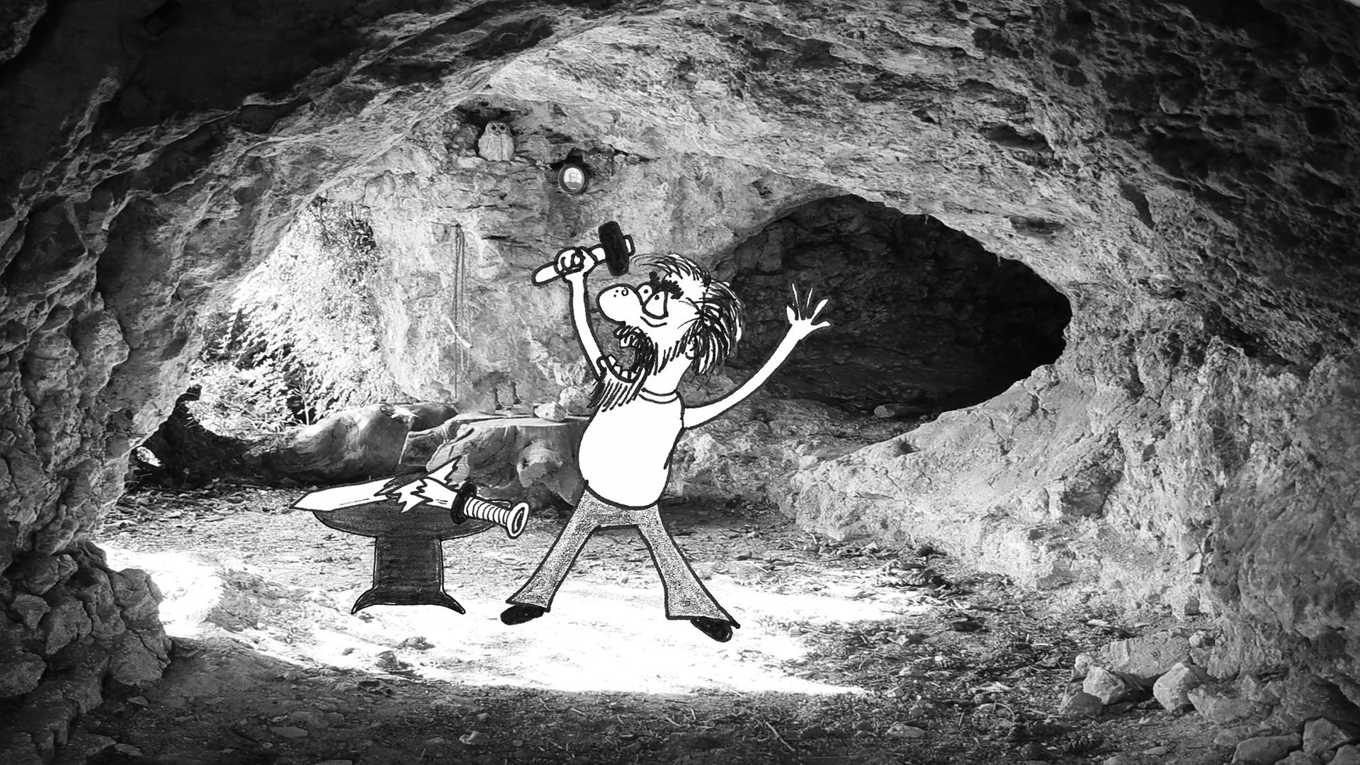 Zeichnung eines Mannes, der ein Schwert schmiedet.