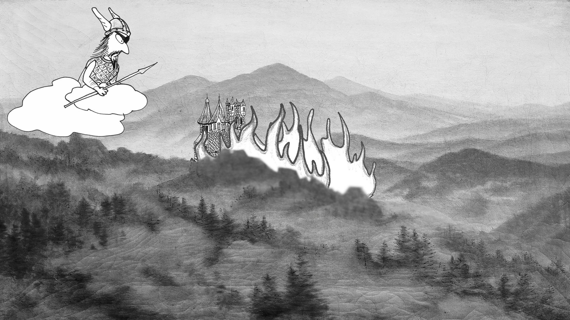 Zeichnung eines Mannes auf einer Wolke.