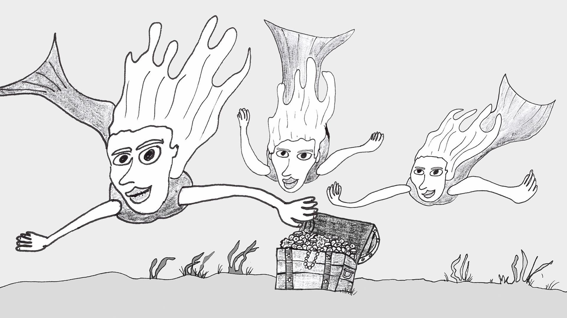 Zeichnung dreier Meerjungfrauen.