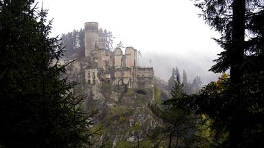 Burgruine im Nebel auf einem Felsen - im Vordergrund Bäume