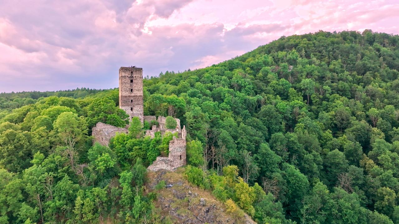 Ruine Schauenstein mit seiner imposanten Turmruine, umgeben von dichtem grünen Wald.