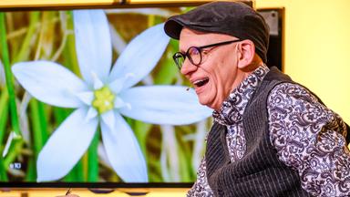 Das Bild zeigt einen lächelnden Mann, der in einem Studio sitzt. Er trägt eine schwarze Mütze und eine Brille mit runden Gläsern. Seine Kleidung besteht aus einem gemusterten Hemd mit floralem Design und einer dunklen Weste. Vor ihm steht ein Glas Wasser. In der Hand hält er einen Stift. Im Hintergrund ist ein großer Bildschirm zu sehen, auf dem eine Nahaufnahme einer weißen Blume zu sehen ist, die auf einem grünen Hintergrund abgebildet ist. Die Umgebung wirkt hell und freundlich, und der Mann sieht aus, als würde er etwas unterhaltsames oder interessantes erzählen.