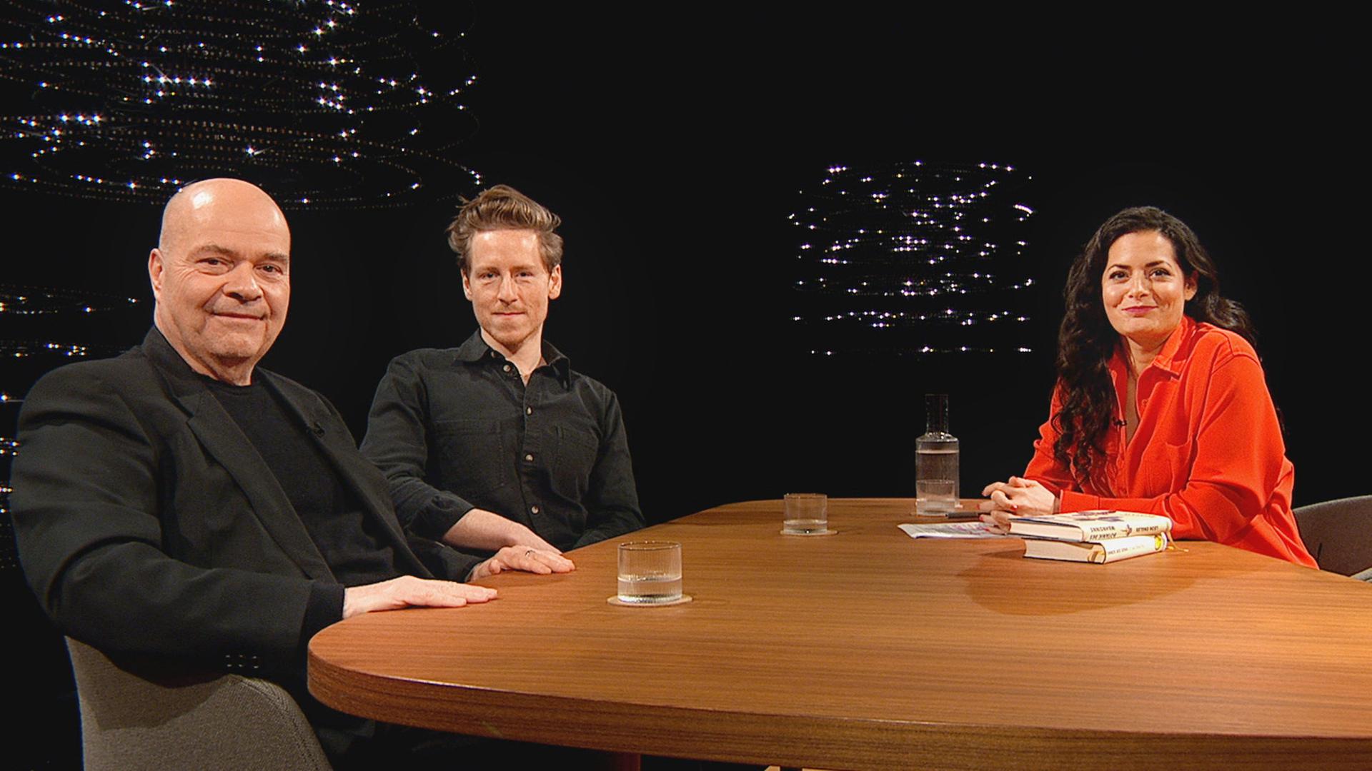 Sternstunde Philosophie Was ist psychisch krank? Über Normalität und Wahnsinn Michael Hagner, Mediziner und Wissenschaftshistoriker, Leon Engler, Autor und Psychologe mit Moderatorin Olivia Röllin  Copyright: SRF