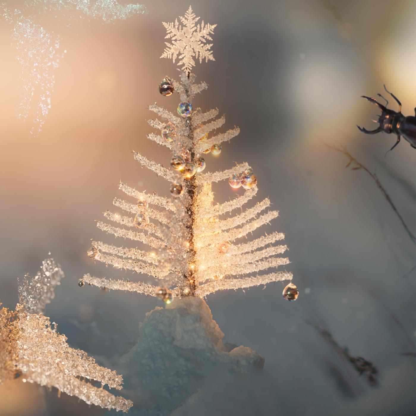 ein Eistannenbäumchen mit Weihnachtstern auf der Spitze, Eiskristalle und ein Hirschkäfer der von rechts ins Bild ragt