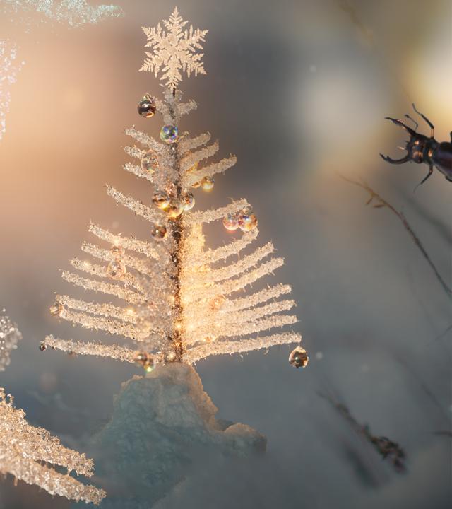 ein Eistannenbäumchen mit Weihnachtstern auf der Spitze, Eiskristalle und ein Hirschkäfer der von rechts ins Bild ragt