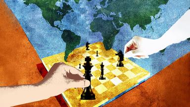 Das gemalte Bild zeigt zwei Hände beim Schachspiel vor einer Weltkarte.