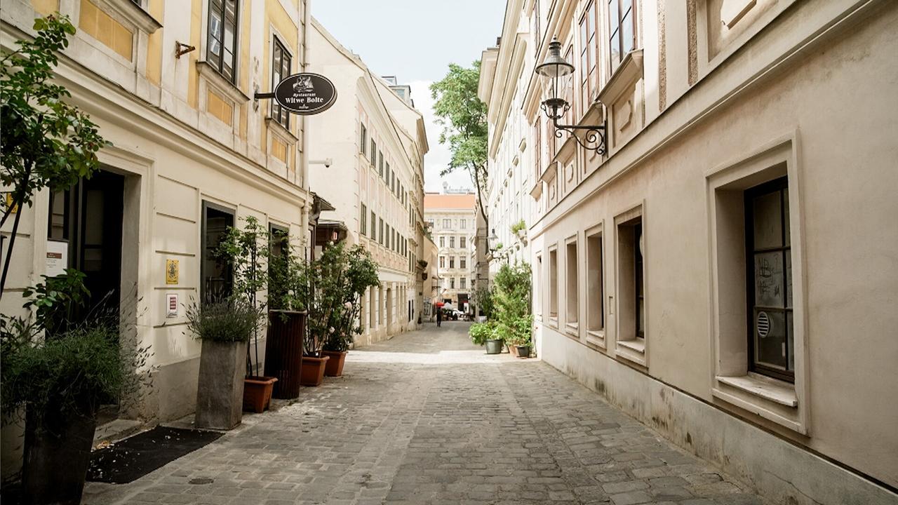 Das Bild zeigt eine schmale, ruhige Gasse in Wien. Die Straße ist mit Steinen gepflastert und wird von niedrigen, historischen Gebäuden gesäumt, die eine Mischung aus hellen und pastellfarbenen Fassaden aufweisen. Auf der linken Seite befindet sich ein Restaurant mit einem kunstvoll gestalteten Schild, das den Namen "Witwe Bolte" trägt. Vor den Gebäuden stehen mehrere große Blumentöpfe mit grünen Pflanzen.

In der Ferne ist eine offene Fläche zu sehen, eventuell ein kleiner Platz oder eine weitere Straße, auf der einige Menschen gehen. An der Wand sind mehrere Fenster zu erkennen, die unterschiedliche Formen und Größen haben. Die Umgebung wirkt freundlich und einladend, mit Tageslicht, das die Szene erhellt.