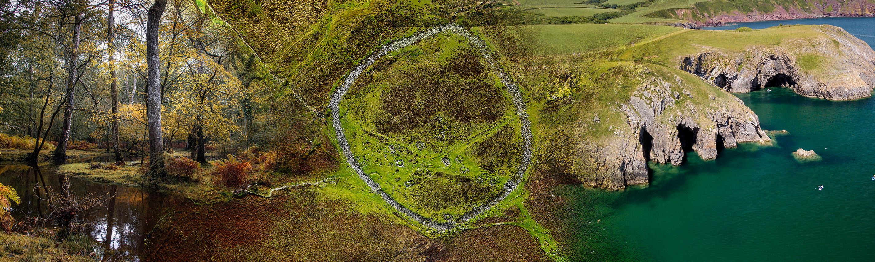 Collage aus Landschaftsbilder ein Wald, ein prähistorischer Steinkreis aus der Vogelperspektive und eine raue Küste