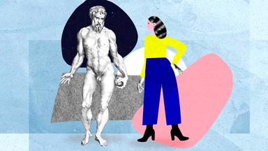 Grafik: Antike, athletische Statue und eine Frau in bunter Kleidung
