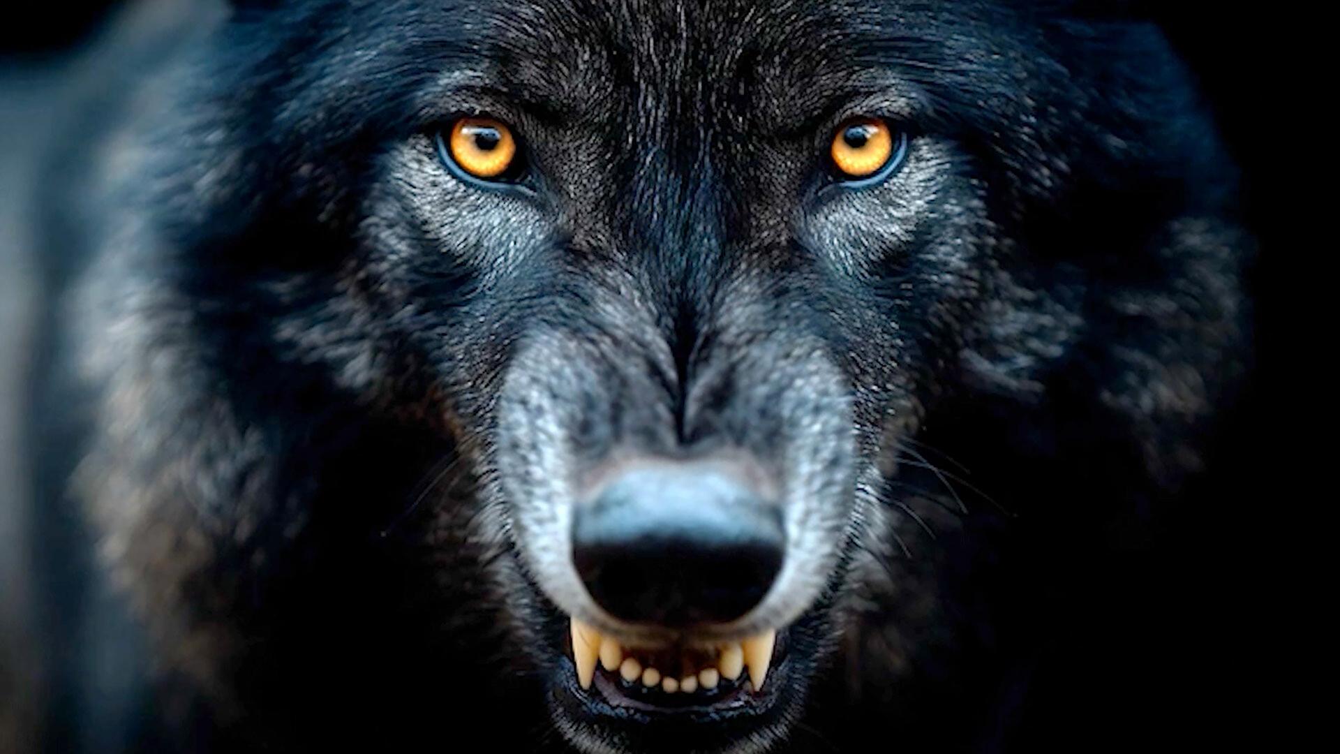 Ein nahes frontales schwarzes Wolfsgesicht mit gelben Augen