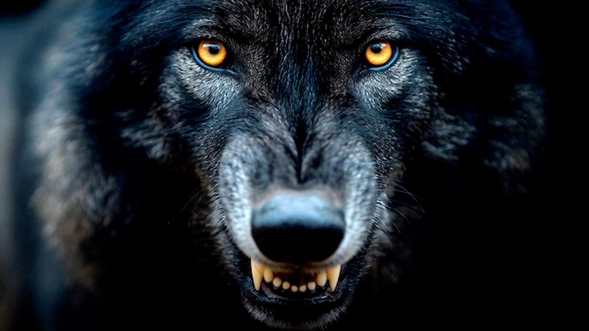 Ein nahes frontales schwarzes Wolfsgesicht mit gelben Augen