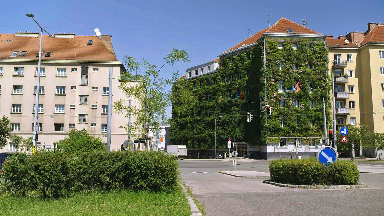 Eine begrünte Häuserfront