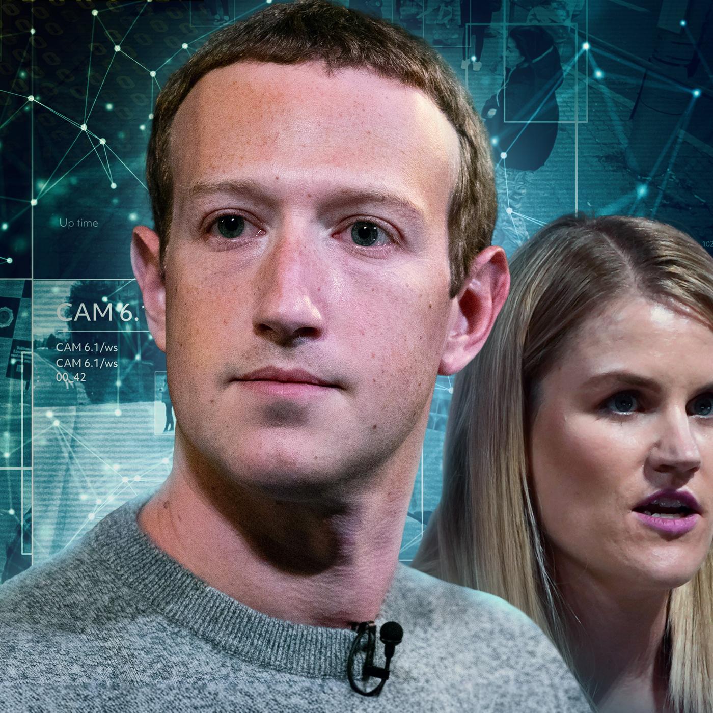 Mark Zuckerberg und Frances Haugen mit Datenmengen im Hintergrund.